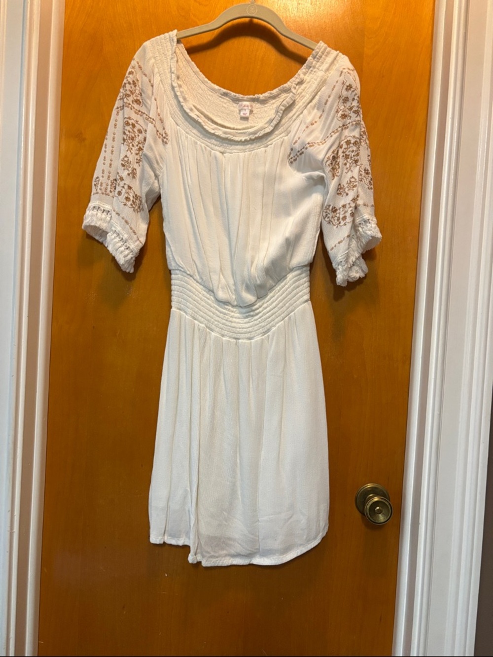 Xhilaration White Midi Dress with Brown Embroidered Sleeves